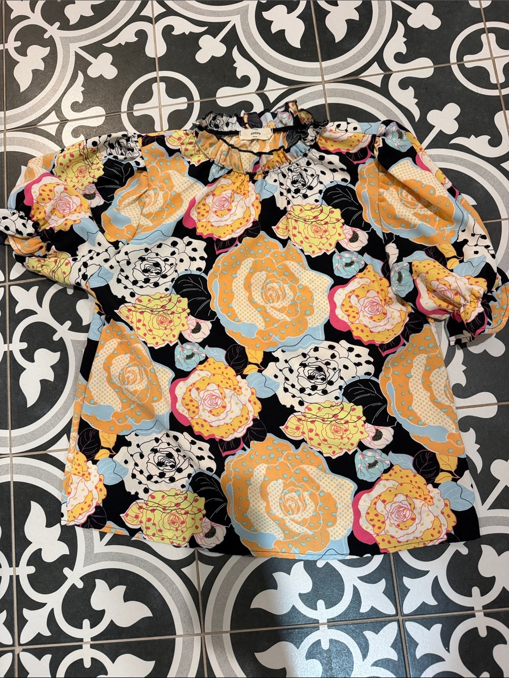 entro Black Floral Puff-Sleeve Blouse with Yellow & Blue Accents